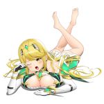  1girl ahoge artist_request ass bare_shoulders barefoot blonde_hair blush breast_press breasts cleavage cleavage_cutout elbow_gloves gloves green_eyes hikari_(xenoblade_2) large_breasts long_hair lying nintendo on_stomach one_eye_closed open_mouth panties shiny shiny_hair shiny_skin skirt sleepy solo tiara underwear xeno_(series) xenoblade xenoblade_(series) xenoblade_2 