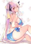  ass bangs bikini blue_bikini blue_ribbon breasts closed_mouth commentary_request expressionless eyebrows_visible_through_hair eyes_visible_through_hair fate/grand_order fate_(series) floral_background frilled_bikini frills from_side front-tie_bikini front-tie_top hair_ribbon halter_top halterneck head_tilt horns kibii_mocha kiyohime_(fate/grand_order) kiyohime_(swimsuit_lancer)_(fate) large_breasts long_hair looking_at_viewer red_eyes ribbon side-tie_bikini side-tie_bottom sidelocks silver_hair sitting solo swimsuit thighs very_long_hair yellow_ribbon 