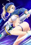  ahoge artoria_pendragon_(all) ass baseball_cap bikini blonde_hair blue_eyes blue_hat breasts fate/grand_order fate_(series) fushimi_(fukumi) hair_through_headwear hat holding holding_weapon large_breasts leg_garter looking_to_the_side mysterious_heroine_xx_(foreigner) open_mouth ponytail short_hair shrug_(clothing) side-tie_bikini solo swimsuit twinmyniad weapon white_bikini 