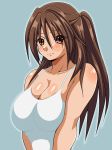  00s 1girl blue_background blush breasts brown_eyes brown_hair cleavage eyes_visible_through_hair ichigo_100_percent inabakun00 kitaooji_satsuki large_breasts light_smile long_hair looking_at_viewer matching_hair/eyes no_bra ponytail simple_background solo standing tank_top upper_body 