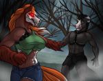  2016 amocin anthro blood breasts clothed clothing detailed_background digital_media_(artwork) duo equine eye_contact fangs female fog forest fur glowing glowing_eyes grass hair horse male mammal night outside red_eyes scared smile solo spooky standing thunder-hoof topless tree vampire 