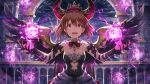  artist_request bangs bare_shoulders black_gloves black_wings bob_cut bow bowtie brown_eyes brown_hair costume crown demon_horns detached_collar dress earrings elbow_gloves fire flame gloves hagiwara_yukiho horns idolmaster idolmaster_(classic) idolmaster_million_live! idolmaster_million_live!_theater_days jewelry official_art open_mouth short_hair solo wings 