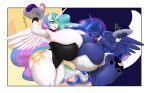  2018 absurd_res anal_beads big_breasts blues64 breasts buttplug clothing cutie_mark digital_media_(artwork) dildo duo equine feathered_wings feathers female friendship_is_magic hair hair_over_eye hi_res horn huge_breasts hyper hyper_breasts looking_at_viewer mammal mr.pink multicolored_hair my_little_pony princess_celestia_(mlp) princess_luna_(mlp) sex_toy winged_unicorn wings 