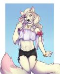  2018 5_fingers anthro canine clothed clothing digital_media_(artwork) dog fur girly hair jewelry long_hair male mammal midriff navel necklace pink_eyes shariea smile solo white_fur white_hair 