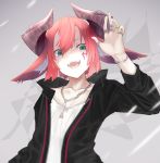  androgynous animal_ears commentary_request fang fangs green_eyes highres horns jewelry kesuno looking_at_viewer original red_hair short_hair tattoo 