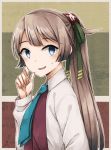  bangs blue_eyes blue_neckwear brown_hair collared_shirt eyebrows_visible_through_hair from_side gradient_hair green_ribbon hair_ribbon hand_up kantai_collection kazagumo_(kantai_collection) long_hair long_sleeves looking_at_viewer looking_to_the_side miroku_san-ju multicolored_hair necktie outline parted_lips ribbon school_uniform shirt signature solo sweatdrop upper_body white_outline white_shirt 