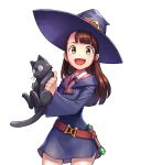  :d asymmetrical_bangs bangs belt black_cat brown_eyes brown_hair cat collared_shirt cowboy_shot dress eyebrows_visible_through_hair hat holding holding_cat hood hood_down hooded_dress kagari_atsuko little_witch_academia long_sleeves looking_at_viewer luna_nova_school_uniform neck_ribbon open_mouth paws pinafore_dress purple_hat ribbon school_uniform shirt shirt_under_dress simple_background sirious_long smile solo whiskers white_background wide_sleeves witch witch_hat 