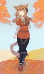  animal_ears arm_behind_back autumn brown_hair cat_ears cat_tail choker closed_eyes earrings facing_viewer final_fantasy final_fantasy_xiv flower hair_flower hair_ornament highres jewelry long_hair miqo'te mozuku_(mozuuru0323) open_mouth outdoors solo standing tail twintails 