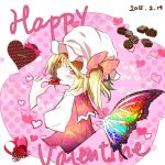  1girl alternate_wings blonde_hair blush bow butterfly_wings chocolate cropped_torso dated eating english flandre_scarlet food hat heart holding_chocolate medium_hair mob_cap pink_bow polka_dot rainbow red_eyes shirt solo touhou upper_body valentine white_hat wings yuyuhashi 