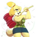  2018 4_fingers animal_crossing biceps breasts button_(disambiguation) canine cewljoke clothed clothing dog female fully_clothed green_vest isabelle_(animal_crossing) looking_at_viewer mammal muscular muscular_female nintendo one_eye_closed open_mouth shih_tzu signature simple_background skirt smash_ultimate solo video_games white_background wink 