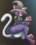  .hack 2018 absurd_res anthro butt cat clothed clothing fangs feline female fur hi_res kuroodod looking_at_viewer macha mammal multicolored_fur open_mouth pawpads paws purple_fur pussy red_eyes simple_background solo teeth two_tone_fur white_fur 