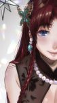  bangs bare_shoulders blue_eyes blush braid breasts butterfly_hair_ornament chinese_clothes cleavage cleavage_cutout closed_mouth earrings eyebrows_visible_through_hair hair_ornament highres hong_meiling jewelry kamiyama_aya long_hair looking_at_viewer necklace ornament pearl_necklace red_hair shiny side_braid sparkle touhou twin_braids 