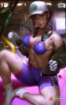  adapted_costume bangs bike_shorts bikini_top blue_bikini_top breasts brown_hair commentary d.va_(overwatch) dirty_face english_commentary facepaint facial_mark gloves headphones headphones_around_neck highres jacket logan_cure long_hair looking_at_viewer loose_socks medium_breasts meka_(overwatch) navel overwatch parted_lips pink_lips shiny shiny_hair shiny_skin shooting_star_d.va sitting socks solo sweat swept_bangs toned whisker_markings white_gloves 