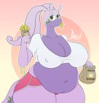  2018 2_fingers antennae anthro areola belly big_belly big_breasts breasts clothed clothing crop_top deep_navel digital_media_(artwork) doxxyl dragon eating female food goodra green_eyes huge_breasts looking_up nintendo nipple_bulge overweight overweight_female pok&eacute;mon pok&eacute;mon_(species) shiny shirt shorts simple_background skimpy slime smile solo standing suggestive thick_thighs video_games voluptuous wide_hips 