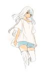  bangs bare_shoulders blue_shorts brown_eyes closed_mouth eyebrows_visible_through_hair long_hair looking_at_viewer lpip off-shoulder_shirt original shirt short_shorts short_sleeves shorts signature simple_background solo standing standing_on_one_leg thighhighs very_long_hair white_background white_hair white_legwear white_shirt wide_sleeves 