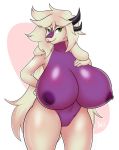  2018 anthro areola belly big_breasts breasts caprine doxxyl dragon female fur goat green_eyes hair hand_on_breast horn huge_breasts hybrid hyper hyper_breasts long_ears long_hair looking_at_viewer mammal nipples puffy_aerola purple_fur pussy simple_background smile tongue tongue_out voluptuous white_fur 