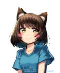  animal_ears arms_at_sides artist_name blue_shirt blush brown_eyes brown_hair cat_ears closed_mouth commentary deviantart_username discord_tag english_commentary eyebrows_visible_through_hair highres looking_at_viewer original shirt short_hair short_sleeves sirious_long smile solo upper_body watermark web_address whisker_markings 