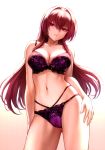 absurdres arms_at_sides ass_visible_through_thighs bare_shoulders bra breasts brown_hair cleavage collarbone cowboy_shot eyebrows_visible_through_hair fate/grand_order fate_(series) fingernails gradient gradient_background hair_between_eyes hair_intakes highres lace lace-trimmed_bra lace_bra lace_panties lingerie long_hair mashu_003 multi-strapped_panties navel panties parted_lips purple_bra purple_hair purple_panties red_eyes scan scathach_(fate)_(all) scathach_(fate/grand_order) signature simple_background solo standing underwear underwear_only 