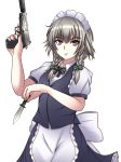  apron bangs black_bow black_neckwear blue_eyes blue_skirt blue_vest bow bowtie braid breasts commentary_request cowboy_shot eyebrows_visible_through_hair frilled_apron frills green_bow gun hair_between_eyes hair_bow hand_up handgun holding holding_gun holding_knife holding_weapon izayoi_sakuya knife looking_at_viewer maid maid_apron maid_headdress petticoat pistol puffy_short_sleeves puffy_sleeves shirt short_hair short_sleeves sig_sauer sig_sauer_p226 silver_hair simple_background skirt skirt_set small_breasts solo standing touhou trigger_discipline trigger_happy_(rui-rin) twin_braids vest waist_apron weapon white_apron white_background white_shirt wing_collar 