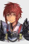  grey_background hankuri looking_at_viewer lora_(xenoblade_2) pauldrons red_hair smile upper_body xenoblade_(series) xenoblade_2 xenoblade_2:_ogon_no_kuri_ira yellow_eyes 