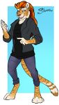  2016 amocin anthro breasts cellphone claws clothed clothing digital_media_(artwork) ear_piercing feline female fur golden_tiger hair holding_object mammal open_mouth paws phone piercing simple_background sloan_(amocin) smile solo striped_fur stripes teeth tiger 