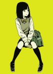  bad_id bad_pixiv_id between_legs black_footwear black_hair black_legwear bob_cut closed_mouth commentary flat_color frown full_body green_bag hand_between_legs highres holding holding_phone hosoo kneehighs long_sleeves looking_away looking_to_the_side monochrome original phone school_uniform short_hair simple_background solo v_arms yellow_background 