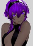  au_(d_elite) bare_shoulders black_hairband breasts commentary_request dark_skin eyebrows_visible_through_hair fate/grand_order fate/prototype fate/prototype:_fragments_of_blue_and_silver fate_(series) hair_between_eyes hairband hassan_of_serenity_(fate) lips looking_at_viewer purple_eyes purple_hair shiny shiny_skin short_hair_with_long_locks small_breasts solo 