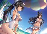  alternate_costume animal_ears arm_behind_back atago_(azur_lane) azur_lane bangs beach beach_umbrella between_legs black_hair blue_sky blurry blurry_background blush bow breasts brown_eyes casual_one-piece_swimsuit cleavage collarbone commentary_request criss-cross_halter day extra_ears eyebrows_visible_through_hair finger_to_mouth floating_hair groin hair_between_eyes hair_bow hair_flaps hair_ornament hair_ribbon half-closed_eyes halterneck hand_between_legs hand_in_hair head_tilt large_breasts long_hair looking_at_viewer mole mole_under_eye multiple_girls navel non_(nobu) ocean one-piece_swimsuit open_mouth outdoors palm_leaf ponytail ribbon sand sarong see-through sidelocks sitting sky smile standing stomach swept_bangs swimsuit takao_(azur_lane) taut_clothes taut_swimsuit umbrella very_long_hair wariza white_bow white_ribbon 