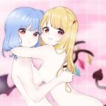  bangs bat_wings blonde_hair blue_hair breast_press breasts commentary_request crystal eringi_(rmrafrn) eyebrows_visible_through_hair flandre_scarlet hair_tie hug incest indoors laevatein_(tail) long_hair looking_at_viewer medium_breasts multiple_girls no_hat no_headwear nude one_side_up parted_lips red_eyes remilia_scarlet short_hair siblings sisters smile steam symmetrical_docking tail touhou upper_body wet wings yuri 