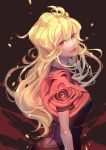  absurdres black_dress blonde_hair dress floating_hair from_side head_tilt highres lipstick long_hair looking_at_viewer makeup parted_lips pink_eyes red_lips rwby smile solo splish upper_body very_long_hair yang_xiao_long 
