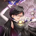  1girl bayonetta bayonetta_(character) bayonetta_2 blue_eyes earrings frills glasses gun jewelry mole mole_under_mouth short_hair weapon winks 