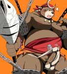  2018 anthro balls bear bearlovestiger13 belly blush brown_fur chained clothing dagger_(sdorica_sunset) fundoshi fur humanoid_hands japanese_clothing male mammal moobs nipples overweight overweight_male penis sdorica_sunset solo underwear 