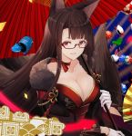  akagi_(azur_lane) animal_ears azur_lane bespectacled breasts brown_hair choker cleavage collarbone fox_ears fur_collar glasses gloves japanese_clothes kimono large_breasts long_hair nabeshima_tetsuhiro oriental_umbrella red_eyes solo umbrella white_gloves 