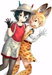  animal_ears backpack bag bare_shoulders belt black_hair blonde_hair blue_eyes bow bowtie collarbone commentary_request elbow_gloves extra_ears feathers fukushima_masayasu gloves helmet high-waist_skirt highres holding_hands kaban_(kemono_friends) kemono_friends multicolored_hair multiple_girls pantyhose pantyhose_under_shorts pith_helmet serval_(kemono_friends) serval_ears serval_print shirt short_hair short_sleeves shorts skirt sleeveless t-shirt thighhighs waving yellow_eyes zettai_ryouiki 
