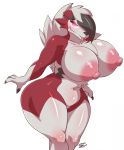  2018 anthro areola big_areola big_breasts black_nose breasts canine chest_tuft claws digital_media_(artwork) female floppy_ears fur glowing glowing_eyes hair huge_breasts looking_at_viewer lycanroc mammal midnight_lycanroc multicolored_fur nintendo nipples nude pok&eacute;mon pok&eacute;mon_(species) pok&eacute;morph puffy_nipples red_eyes red_sclera ryousakai simple_background smile solo thick_thighs tongue tongue_out tuft video_games voluptuous white_background white_fur wide_hips 