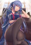  arm_under_breasts ass azur_lane bangs black_legwear black_ribbon blue_cloak blue_hair braid breasts collarbone commentary_request couch curtains dress elbow_rest essex_(azur_lane) eyebrows_visible_through_hair gloves hair_ribbon head_tilt highres indoors jacket knee_up large_breasts long_hair looking_at_viewer necktie no_shoes pantyhose parted_lips pink_lips purple_hair red_neckwear ribbon shiro_usagi sidelocks sitting solo taut_clothes twintails window yellow_eyes 