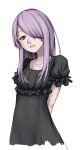  alternate_costume arms_behind_back black_dress collarbone cowboy_shot dress hair_over_one_eye highres little_witch_academia long_hair looking_at_viewer mihailseiko pink_hair red_eyes simple_background sucy_manbavaran upper_body white_background 