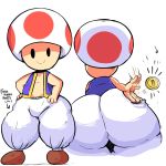  arrow baggy_pants big_butt butt clothing coin elchilenito humanoid male mario_bros mushroom nintendo not_furry smile spanking text thick_thighs toad_(mario) video_games wide_hips 