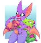  2018 anthro bat big_breasts breast_grab breasts chameleon countershading digital_media_(artwork) dipstick_tail duo female grabbing_from_behind green_eyes green_skin hand_on_breast hi_res laylee lizard male male/female mammal multicolored_tail navel nipples nitro nude open_mouth playtonic_games reptile scalie simple_background smile tongue video_games wings yooka yooka-laylee 