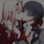  1boy 1girl black_hair blue_eyes blush breasts cleavage commentary_request couple darling_in_the_franxx eyebrows_visible_through_hair eyes_closed face-to-face hair_ornament hairband hand_on_another&#039;s_chest hetero hiro_(darling_in_the_franxx) horns kiss long_hair looking_at_another military military_uniform necktie no_legwear oni_horns open_clothes orange_neckwear pink_hair red_horns red_neckwear scanlines sweatdrop toma_(norishio) uniform white_hairband zero_two_(darling_in_the_franxx) 