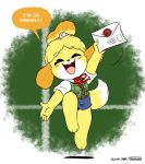  2018 3_toes 5_fingers animal_crossing anthro black_nose blonde_hair canine clothed clothing cute dialogue digital_media_(artwork) dipstick_tail dog english_text eyes_closed female fur hair hair_ornament happy hi_res isabelle_(animal_crossing) joaoppereiraus jumping long_ears mammal multicolored_tail nintendo open_mouth pose shih_tzu smile solo super_smash_bros text toes video_games white_fur yellow_fur 