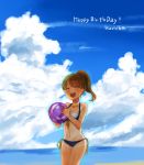  ball beachball bikini black_bikini blue_sky blurry breasts brown_hair character_name cleavage cloud cloudy_sky day english eyebrows_visible_through_hair front-tie_bikini front-tie_top hair_tie happy_birthday highres holding koretsuna kurimoto_haruka medium_breasts medium_hair navel ocean outdoors ponytail school_girl_strikers side-tie_bikini sky solo swimsuit tan tanline thigh_gap transparent 