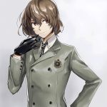  akechi_gorou black_gloves blazer brown_hair gloves grey_background hair_between_eyes hand_on_hip houhou_(black_lack) jacket looking_to_the_side male_focus necktie persona persona_5 red_eyes school_uniform shiny shiny_hair short_hair simple_background smile solo upper_body vertical-striped_neckwear 