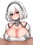  1girl azur_lane bangs breasts cleavage hair_ornament large_breasts looking_at_viewer malice_stella navel paizuri paizuri_under_clothes pov simple_background sirius_(azur_lane) white_background white_hair 