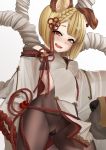  animal_ears bangs blonde_hair blush braid breasts brown_eyes brown_legwear commentary_request detached_sleeves dog dog_ears erune garjana granblue_fantasy gusset highres long_sleeves looking_at_viewer luonawei open_mouth pantyhose rope shimenawa short_hair simple_background sleeves_past_fingers sleeves_past_wrists small_breasts smile solo vajra_(granblue_fantasy) white_background wide_sleeves 