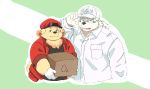  2018 6xiachunqiu7 anthro bear canine cells_at_work! clothing cusith dog duo fur hat humanoid_hands japanese_text male mammal overweight overweight_male polar_bear rave_(housamo) red_blood_cell shirt text tokyo_afterschool_summoners white_blood_cell white_fur yellow_fur 