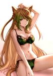  absurdres ahoge alternate_costume animal_ears atalanta_(fate) bangs bare_shoulders blonde_hair blunt_bangs bra braid breasts cat_ears cat_tail collarbone eyebrows_visible_through_hair fate/apocrypha fate/grand_order fate_(series) fingernails french_braid gradient gradient_background gradient_hair green_bra green_eyes green_hair green_panties hand_on_head highres long_hair looking_at_viewer mashu_003 medium_breasts multicolored_hair navel panties parted_lips scan side-tie_panties sitting solo tail thighs two-tone_hair underwear underwear_only 