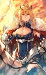  ahoge armor artoria_pendragon_(all) artoria_pendragon_(lancer) bangs blue_dress blue_gloves blue_legwear blue_leotard breasts cape closed_mouth commentary covered_navel crown dress eyebrows_visible_through_hair facing_viewer fate/grand_order fate_(series) fur-trimmed_cape fur_trim gauntlets gloves glowing glowing_weapon green_eyes hair_between_eyes highres horse horseback_riding lance large_breasts leotard looking_at_viewer makimura_shunsuke polearm red_cape rhongomyniad riding sidelocks underbust weapon white_horse 
