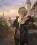  blonde_hair blue_eyes brown_gloves brown_skirt building chibi_(shimon) cloud cloudy_sky commentary from_side fur_collar fur_trim gloves green_jacket horizon jacket original outdoors pantyhose profile shirt short_hair skirt sky sleeveless sleeveless_shirt sun 