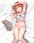  ;d arms_up ass_visible_through_thighs bed_sheet blush bow bow_panties breasts brown_eyes brown_hair cameltoe camisole cat eyebrows_visible_through_hair from_above hand_on_own_head head_tilt highres koretsuna legs looking_at_viewer lying navel on_back on_bed one_eye_closed open_mouth panties pink_panties polka_dot polka_dot_shirt sajima_yumi school_girl_strikers shadow shirt short_hair small_breasts smile solo thigh_gap underwear underwear_only white_shirt 